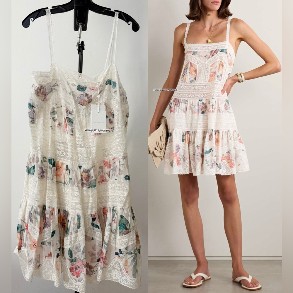 NWT Zimmermann Dress|Zimmermann Acacia Lace Trim Floral Mini Dress (AU 3/US 10)